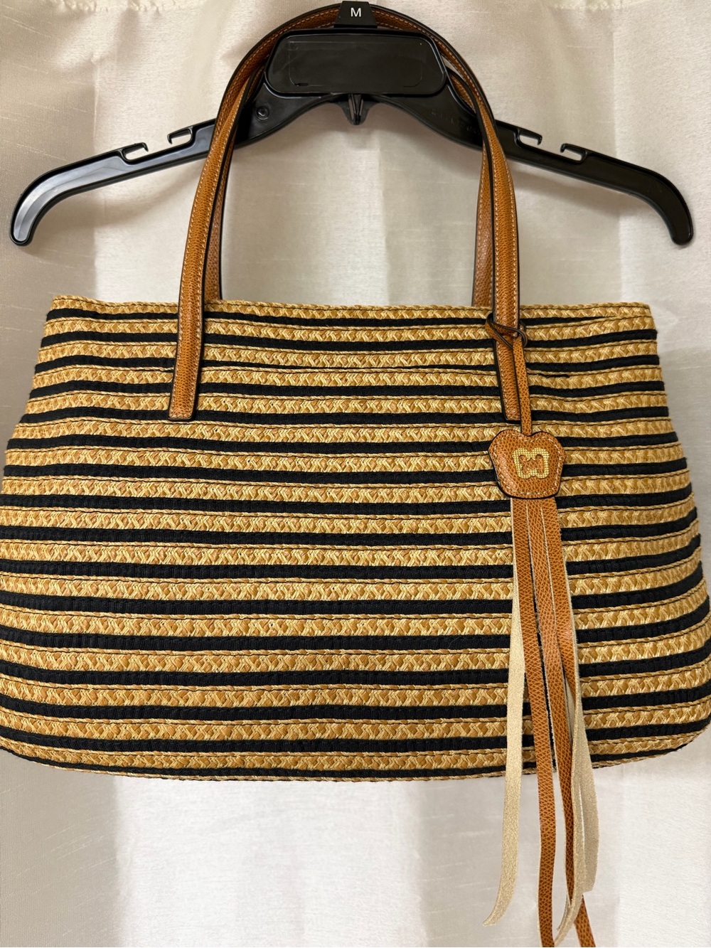 Eric Javitś Striped Natural Straw Tote Bag with Tan Trim